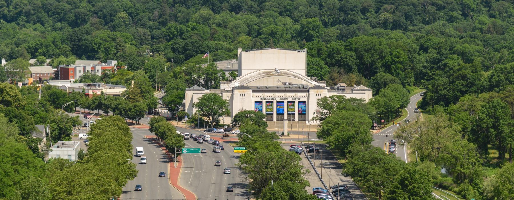 aerial of buildings with nearby nature