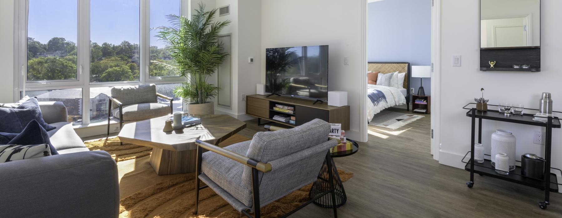a living room with a large window