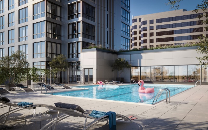 poolarea beside buildings