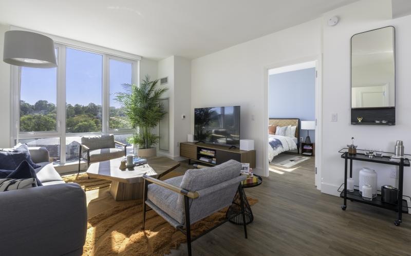 a living room with a large window