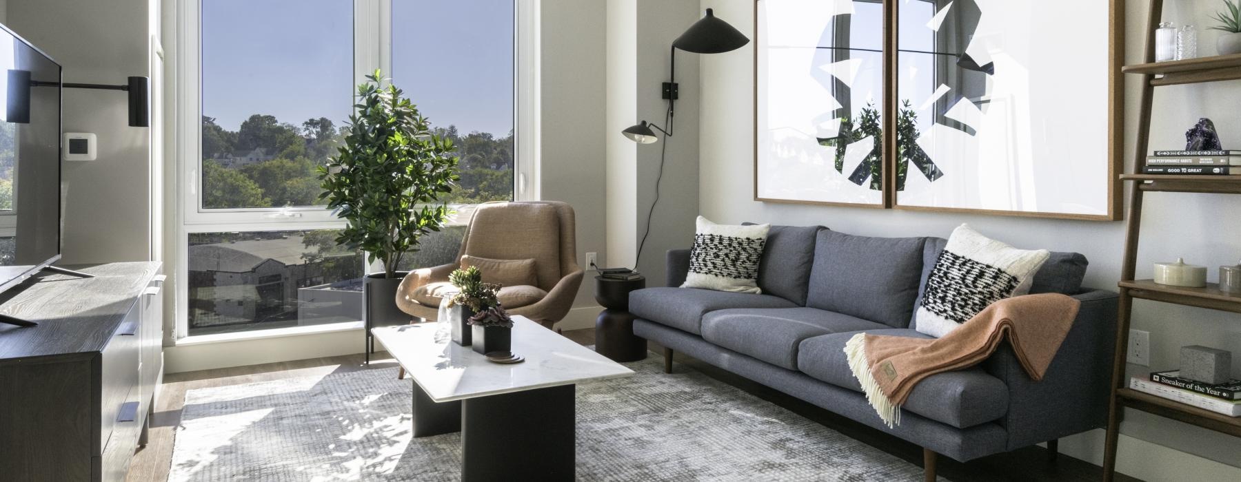 a living room with a large window