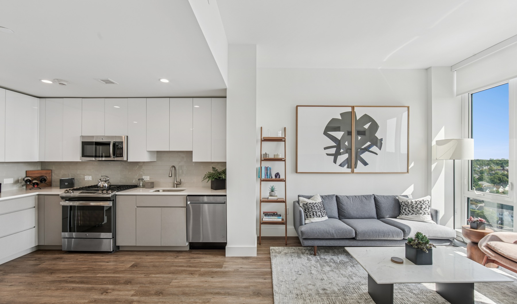 living room with joining kitchen